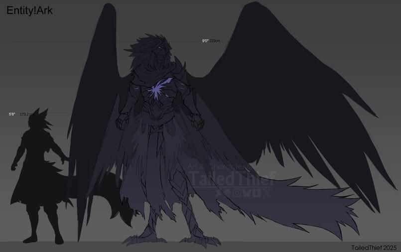 A height chart sheet for my OC Ark, showcasing how big his Entity form is compared to his normal self.